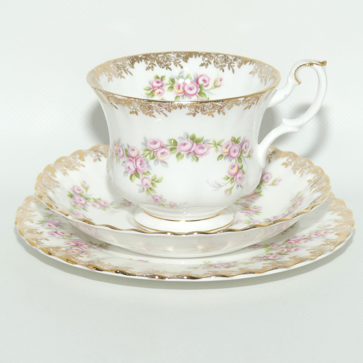 Royal Albert Bone China England Dimity Rose tea trio | Patterned backstamp