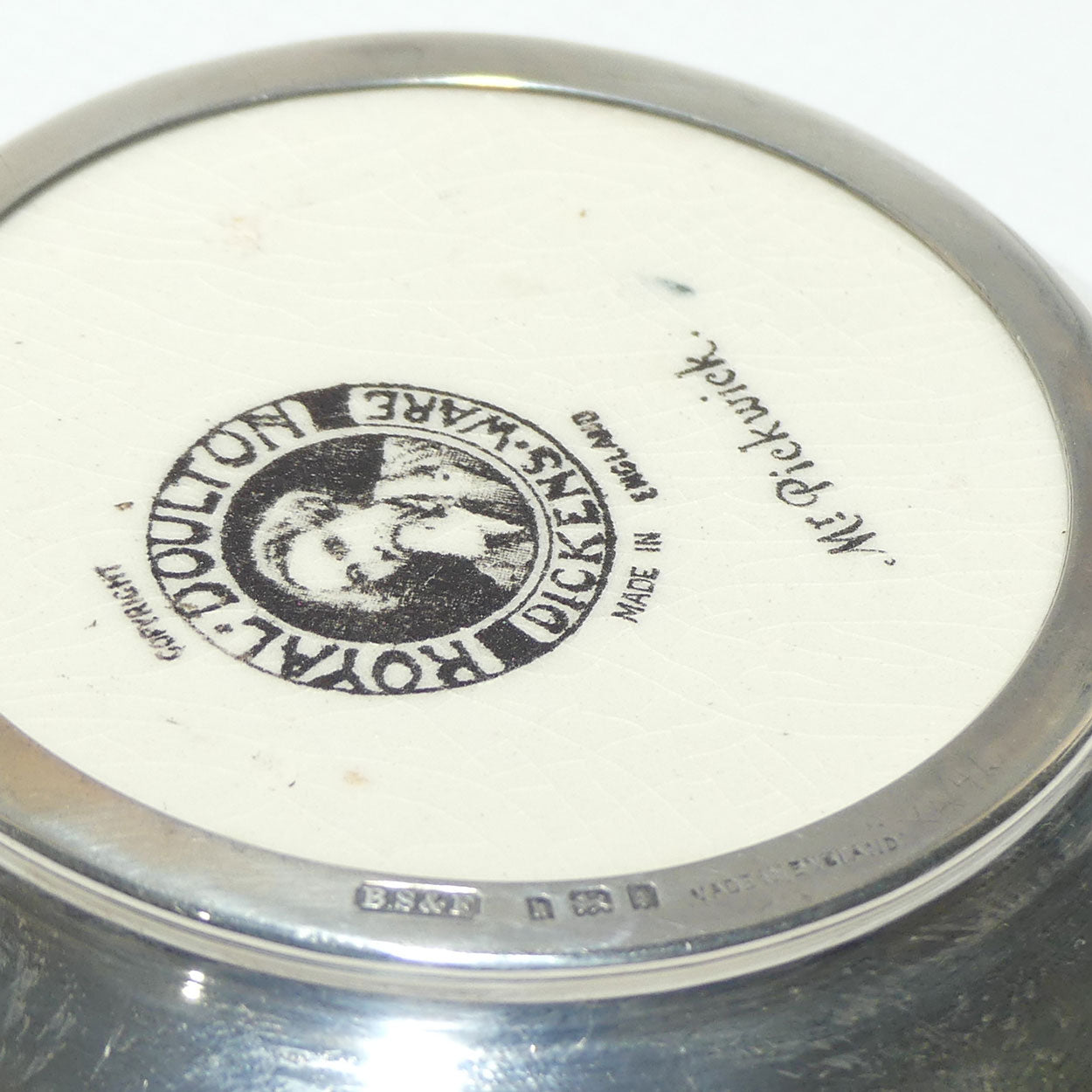 Royal Doulton Dickensware Mr Pickwick miniature convex roundel disc in Sterling Silver surround