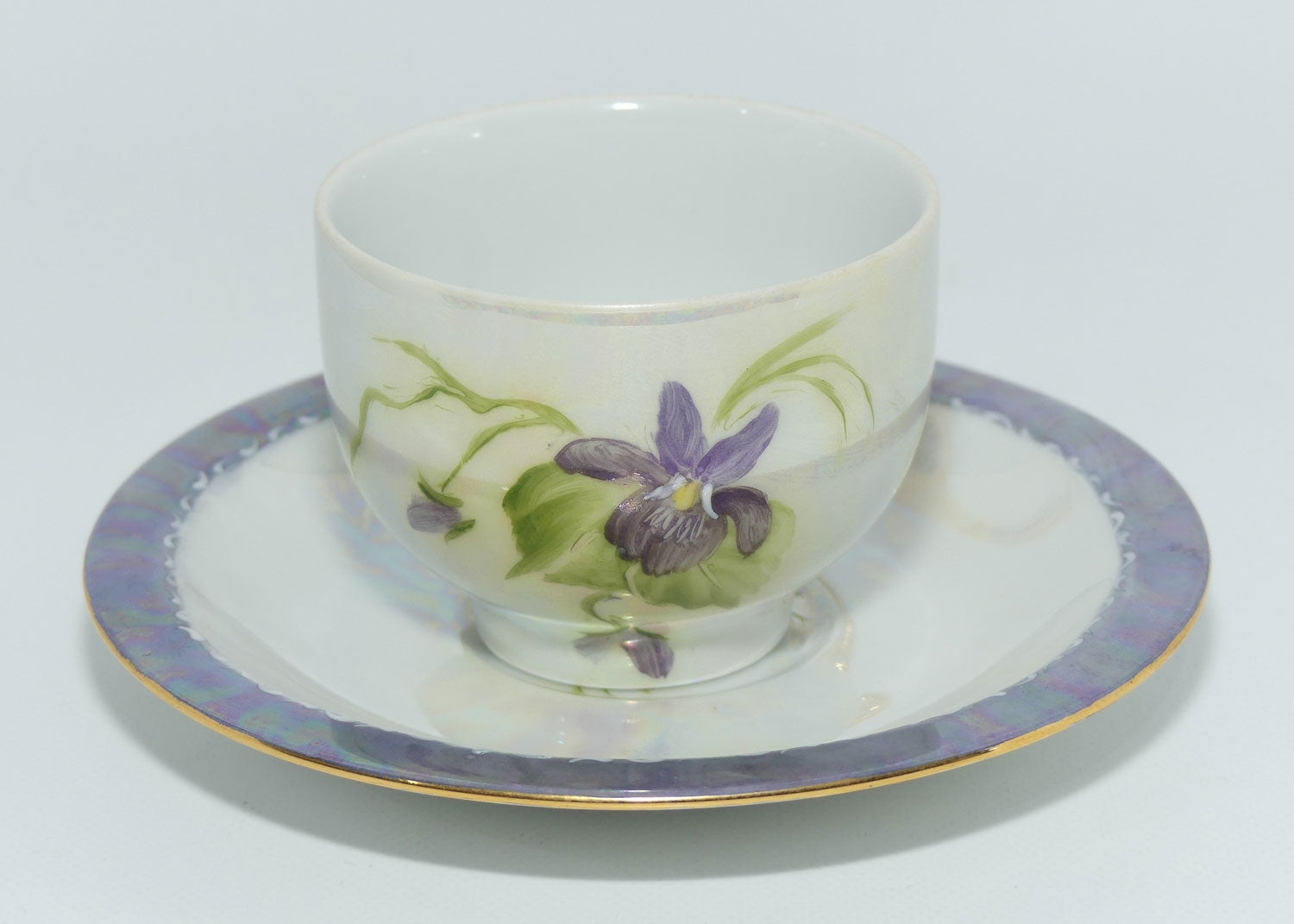 Australian China Painting Violets and lustre duo | signed P Ditchfield Sydney 1986
