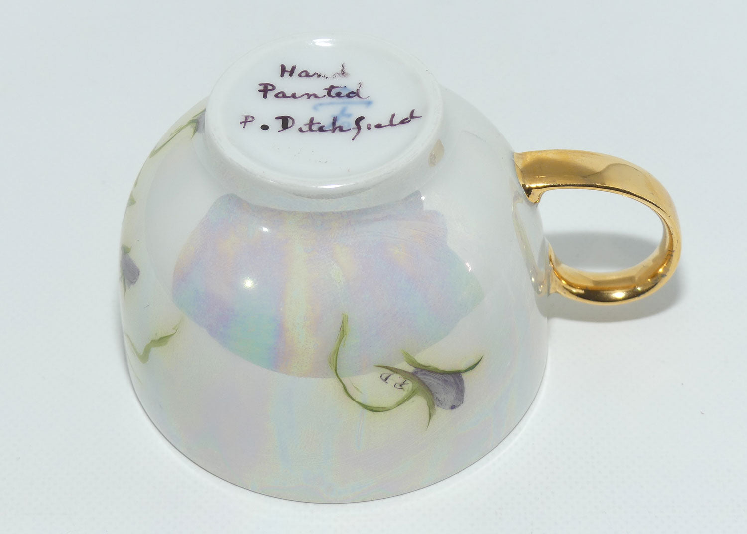 Australian China Painting Violets and lustre duo | signed P Ditchfield Sydney 1986