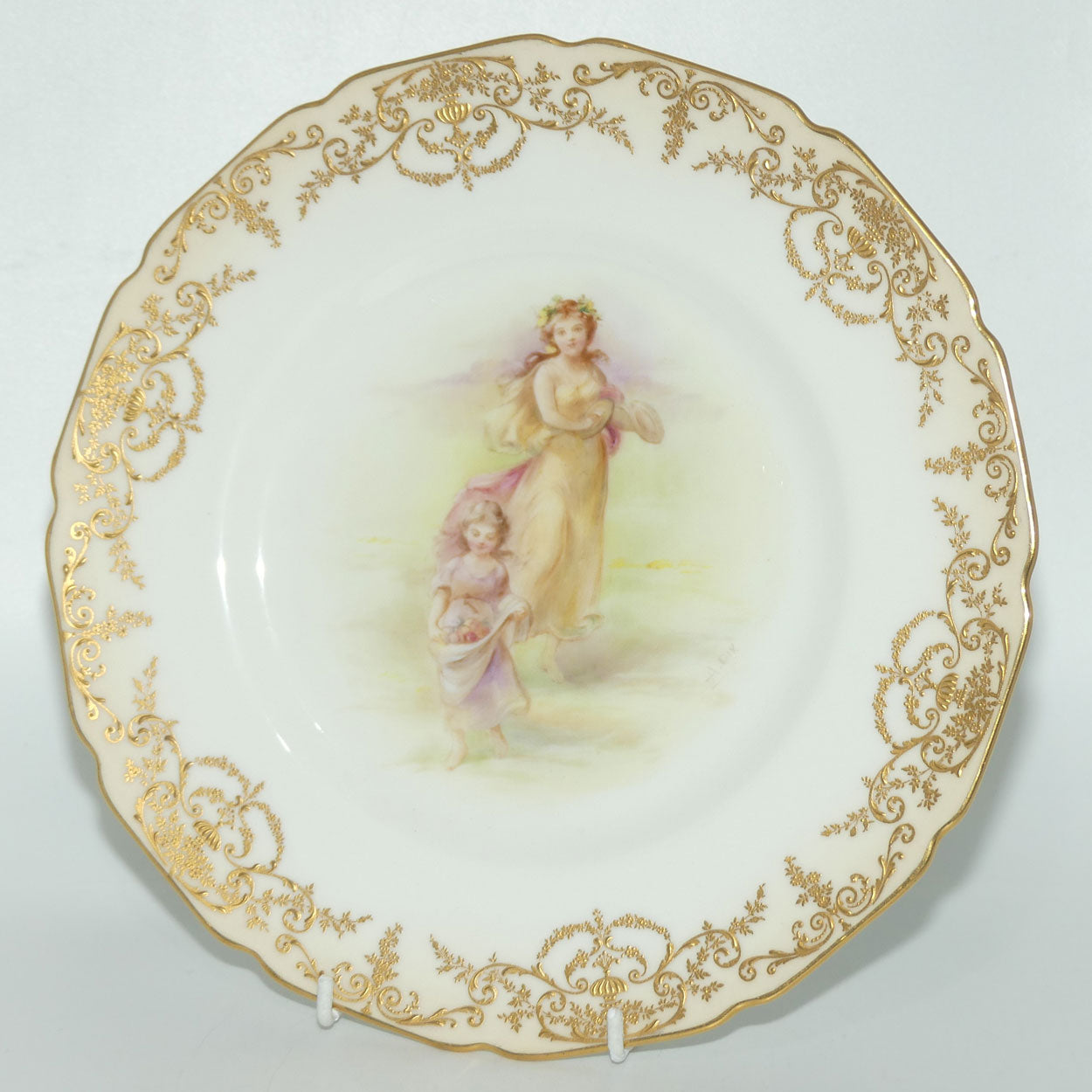 Royal Doulton hand painted and gilt Young Maiden and Child with fruit plate (Dix)