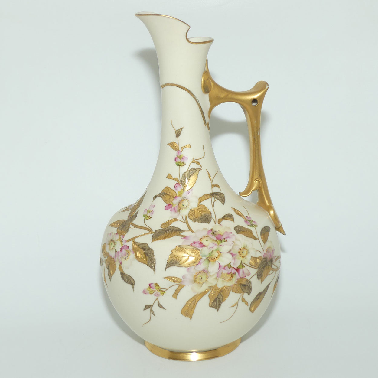 Royal Worcester Blush Ivory and gilt hand painted floral jug with Dogwood Roses | 33cm tall