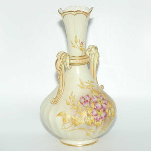 Royal Worcester Blush Ivory hand painted and gilt handled vase depicting Dogwood Roses