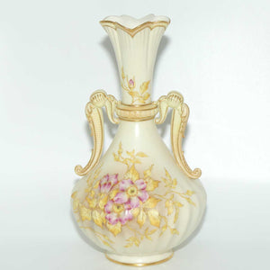 Royal Worcester Blush Ivory hand painted and gilt handled vase depicting Dogwood Roses