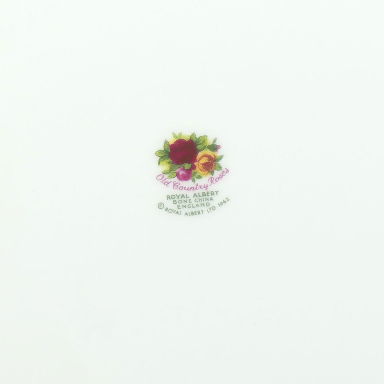 Royal Albert Bone China England Old Country Roses Dome Pavlova plate | © 1962 Royal Albert Ltd backstamp