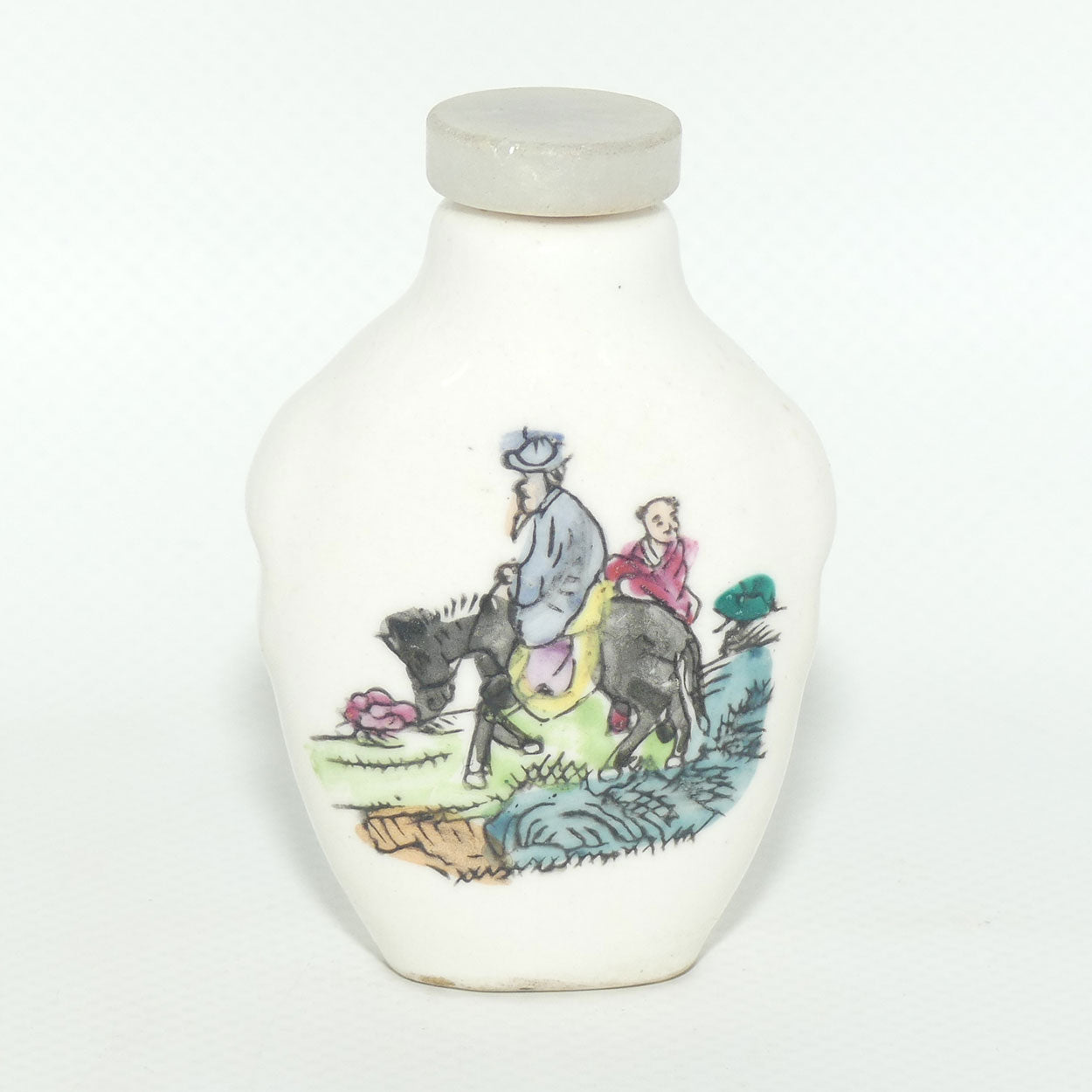 Chinese Man on Donkey pattern Snuff Bottle | Grey stone stopper