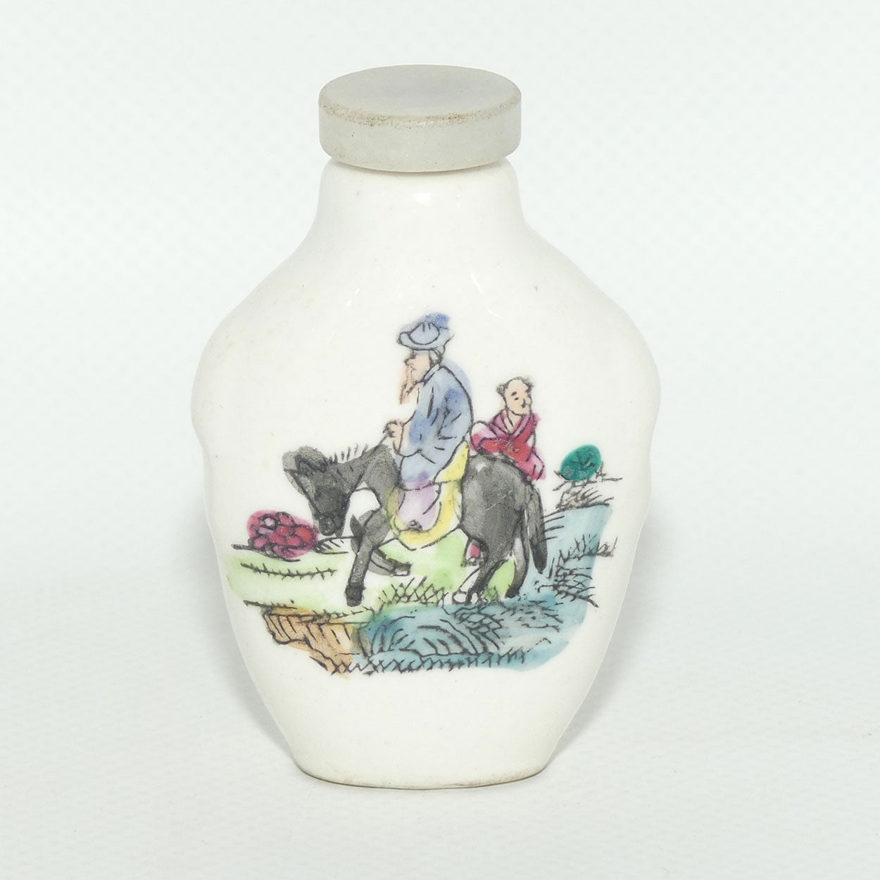 Chinese Man on Donkey pattern Snuff Bottle | Grey stone stopper
