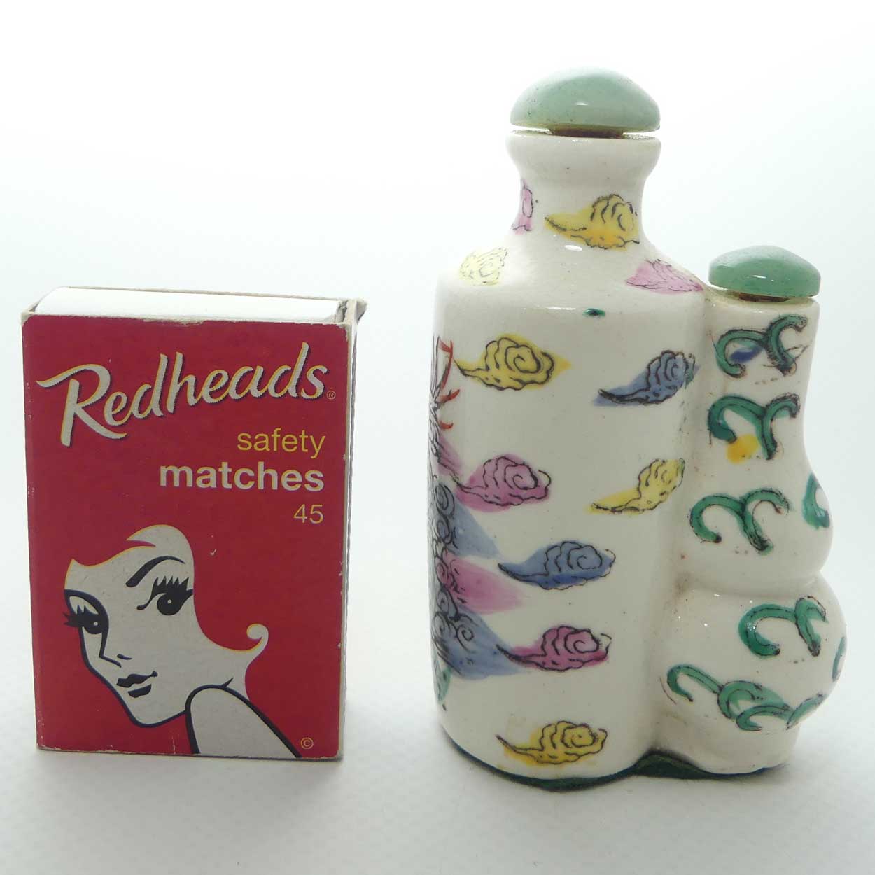 Unusual Dragon motif double Snuff Bottle | Greenstone stoppers