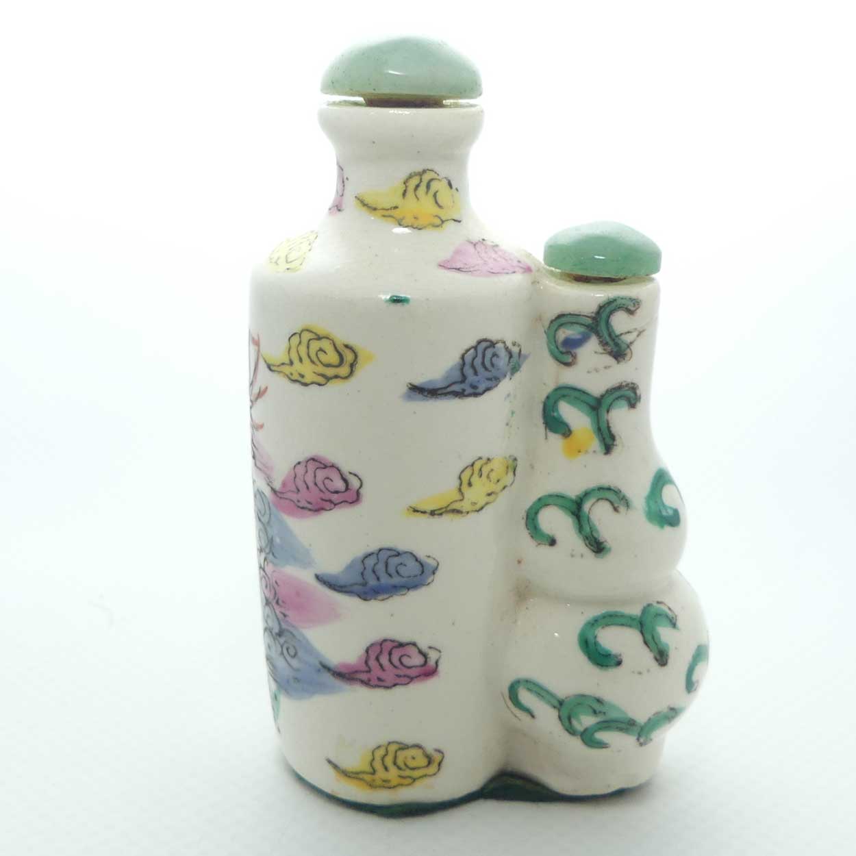 Unusual Dragon motif double Snuff Bottle | Greenstone stoppers