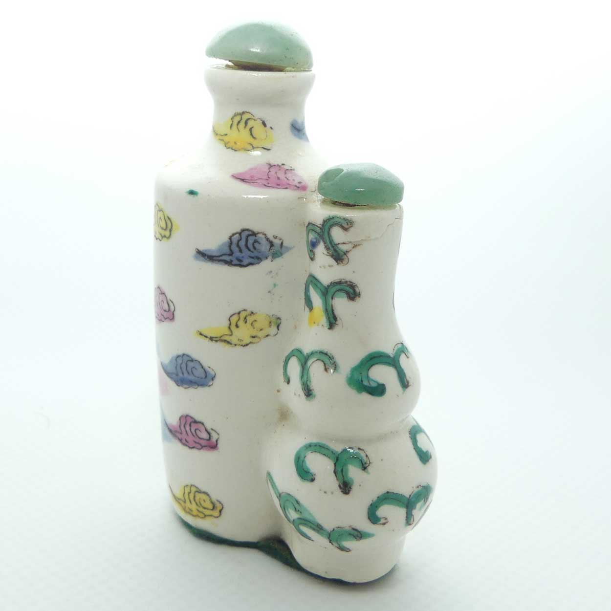 Unusual Dragon motif double Snuff Bottle | Greenstone stoppers