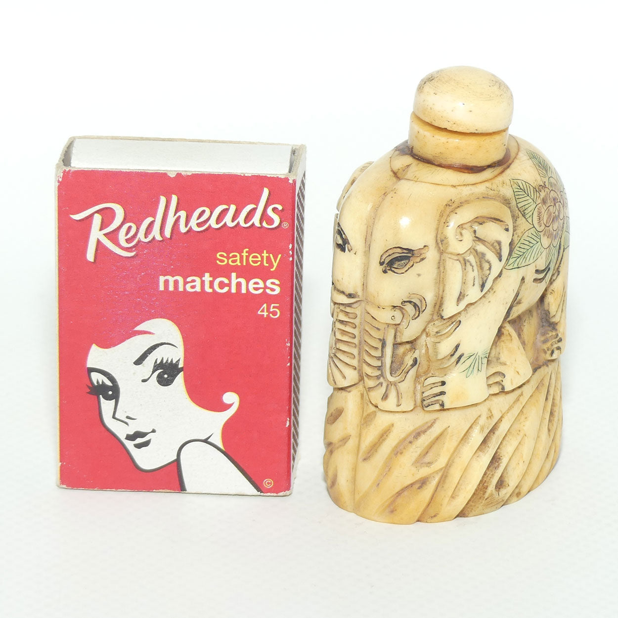 Decorated Bone Elephant Snuff Bottle | Two Elephants Side by Side