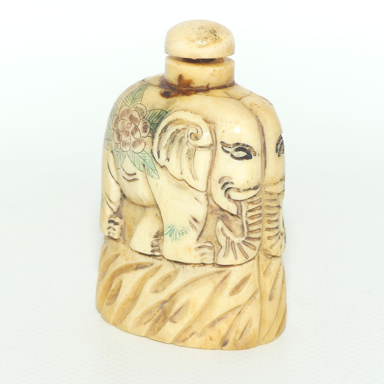 Decorated Bone Elephant Snuff Bottle | Two Elephants Side by Side