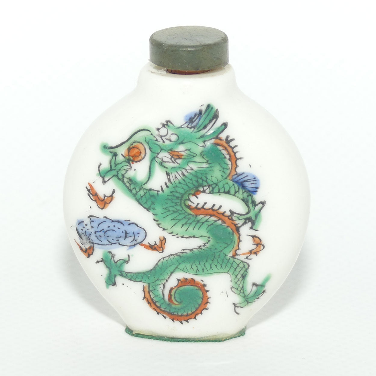Chinese round shape snuff bottle with greenstone stopper | Dragon Scene