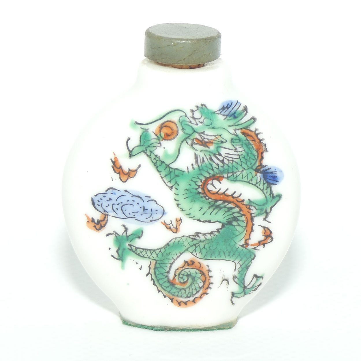 Chinese round shape snuff bottle with greenstone stopper | Dragon Scene