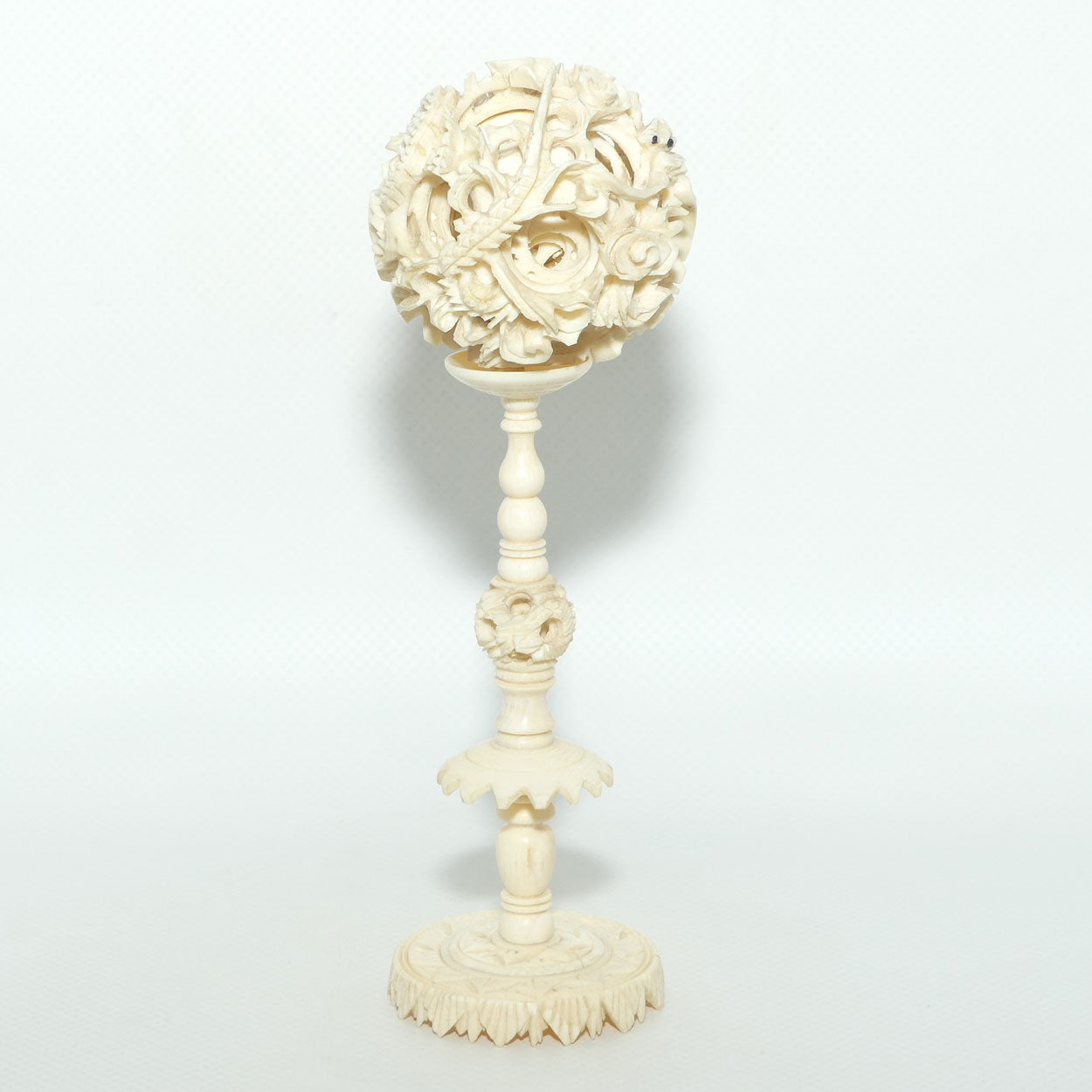 Carved Ivory Puzzle Ball on stand | Dragon with Black Eyes | 16.5cm tall