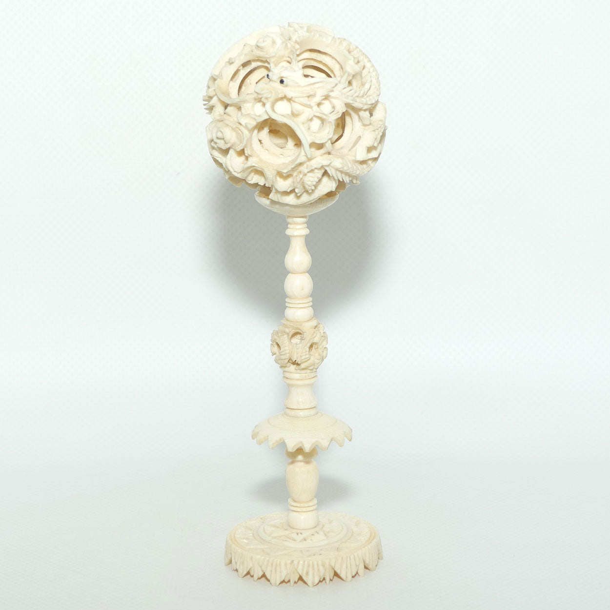 Carved Ivory Puzzle Ball on stand | Dragon with Black Eyes | 16.5cm tall