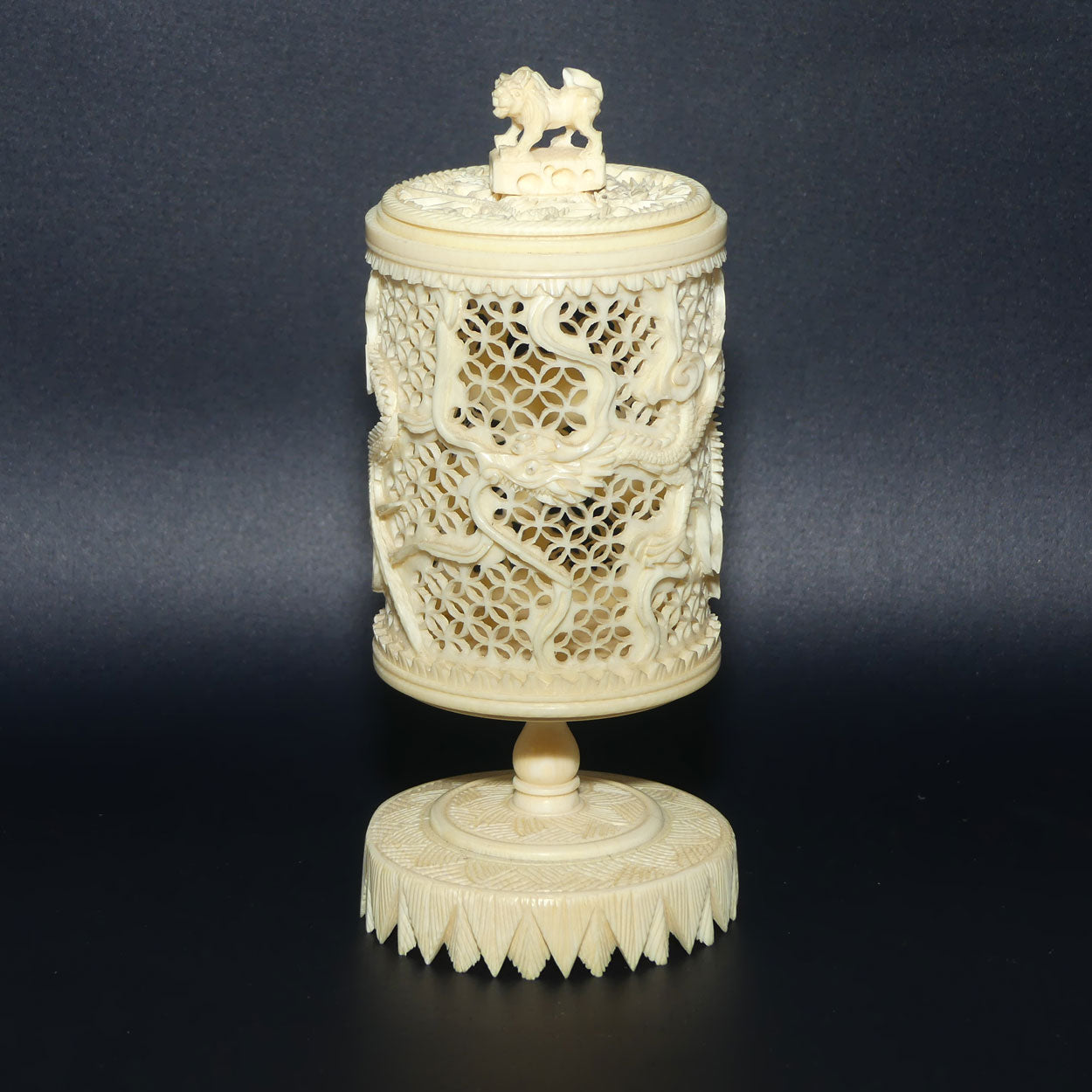 Elaborately carved Ivory Cricket Cage | Lion finial | Continuous Dragon motif