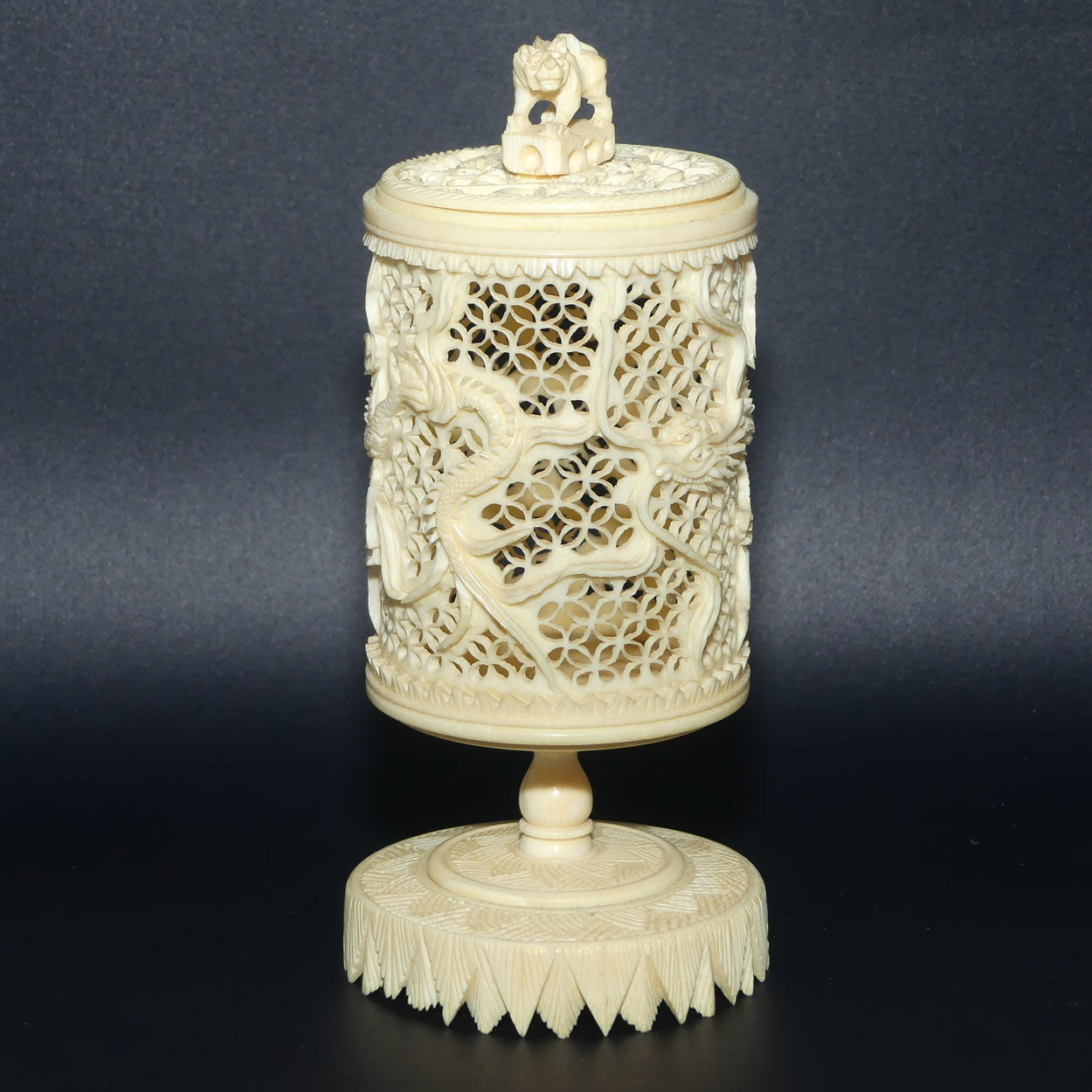Elaborately carved Ivory Cricket Cage | Lion finial | Continuous Dragon motif