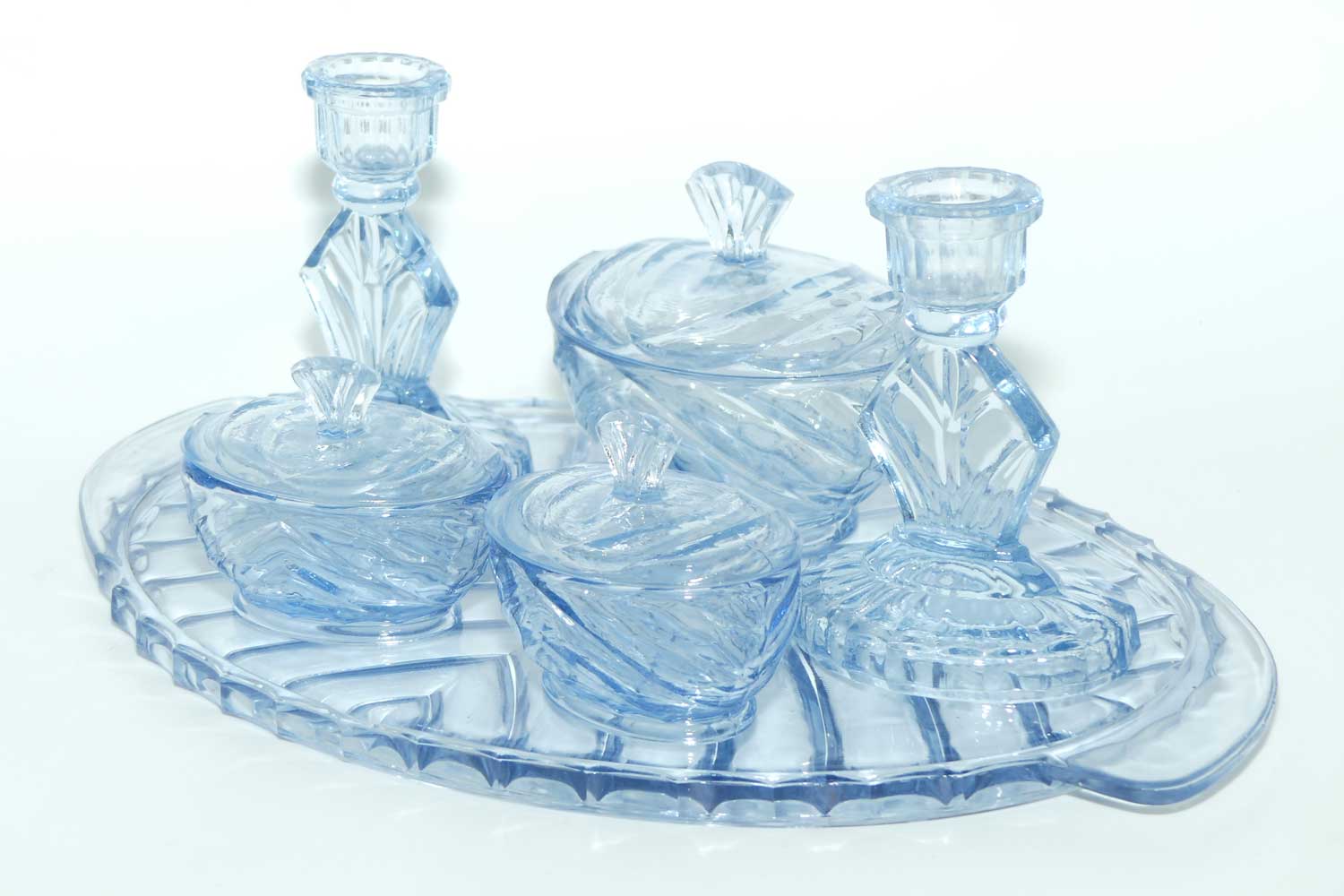 Art Deco Ice Blue Glass dressing table set