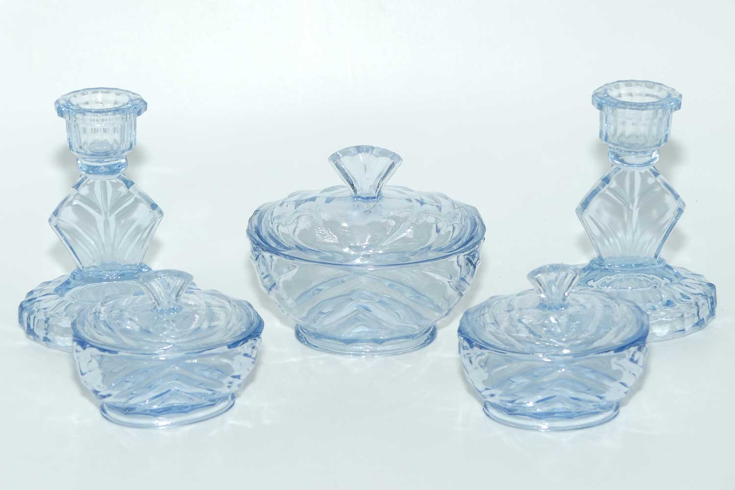 Art Deco Ice Blue Glass dressing table set