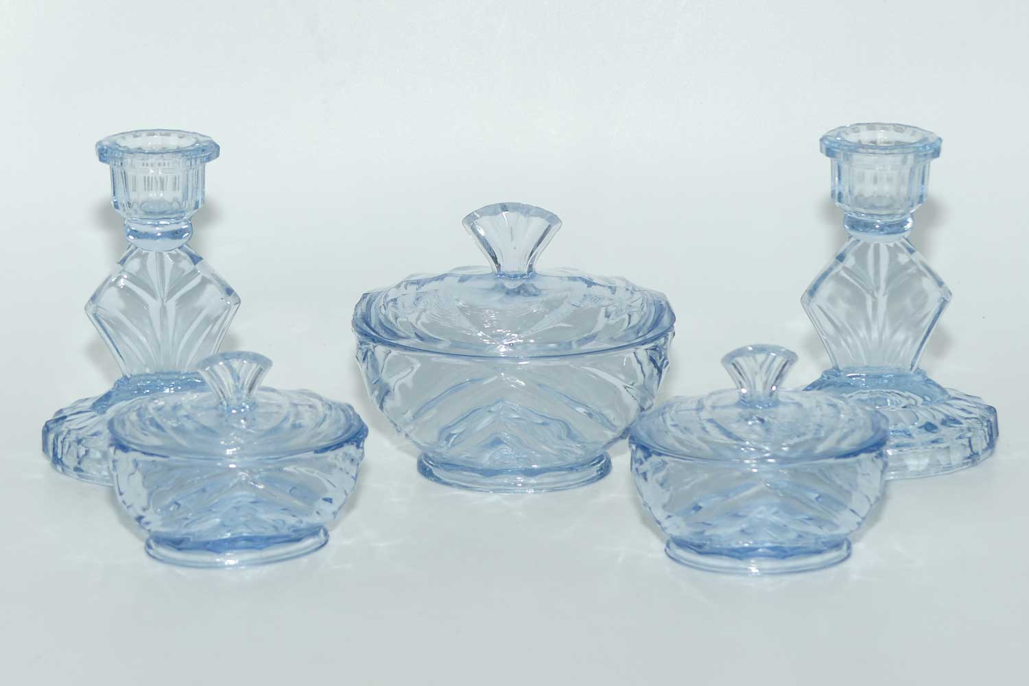 Art Deco Ice Blue Glass dressing table set
