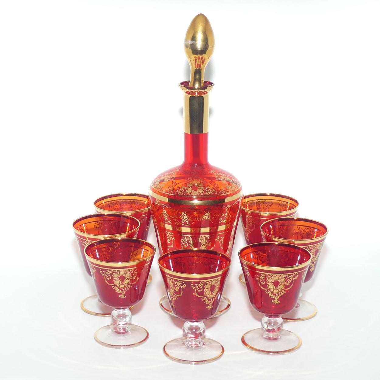 Vintage Retro | Mid Century Ruby Glass decanter and 8 glasses