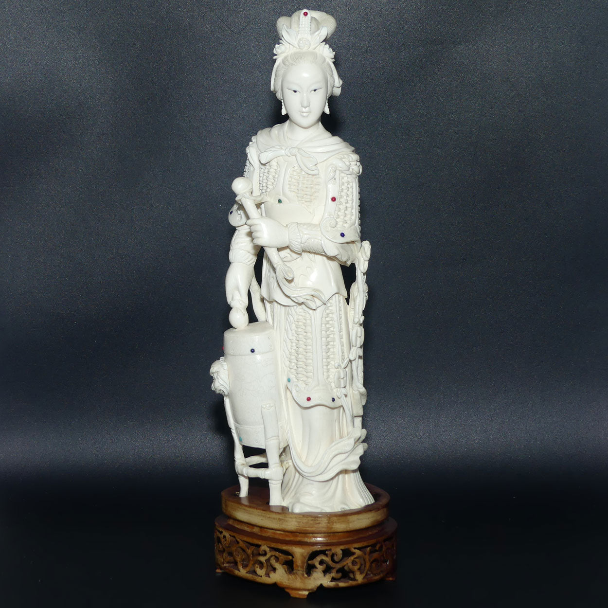 Magnificent Chinese Carved Ivory figure of Woman in Military Attire with Drums | Set with Semi precious Stones