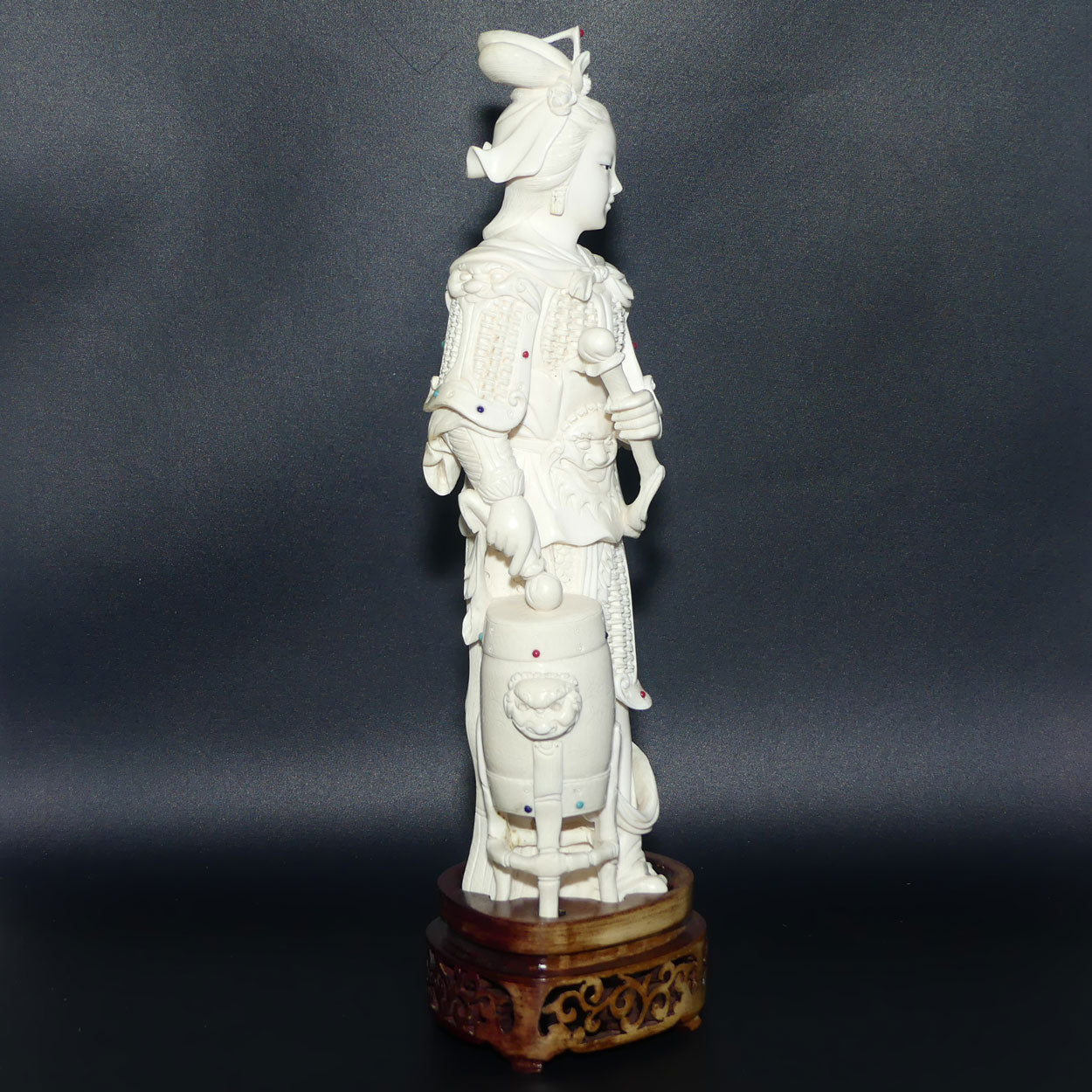 Magnificent Chinese Carved Ivory figure of Woman in Military Attire with Drums | Set with Semi precious Stones