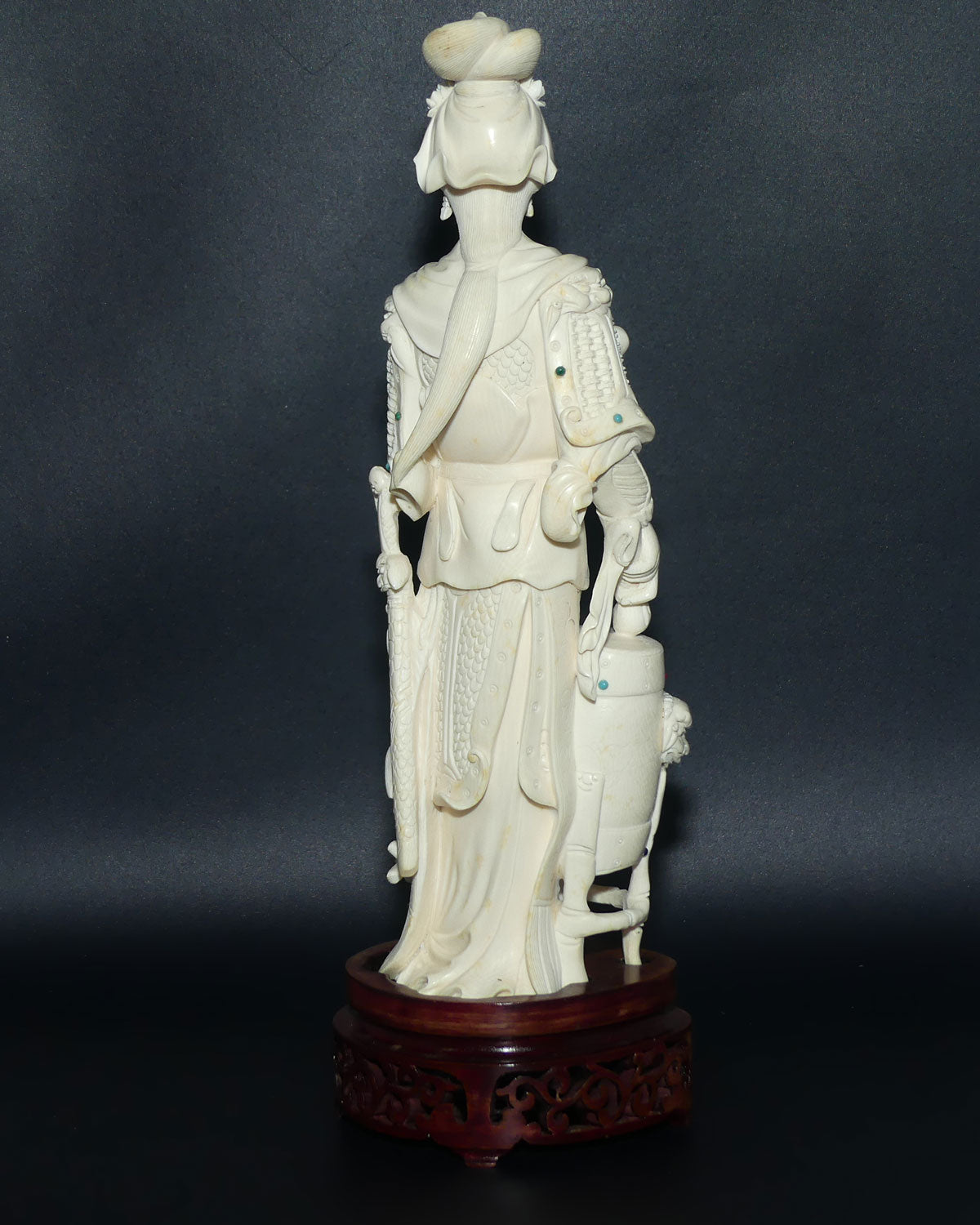 Magnificent Chinese Carved Ivory figure of Woman in Military Attire with Drums | Set with Semi precious Stones