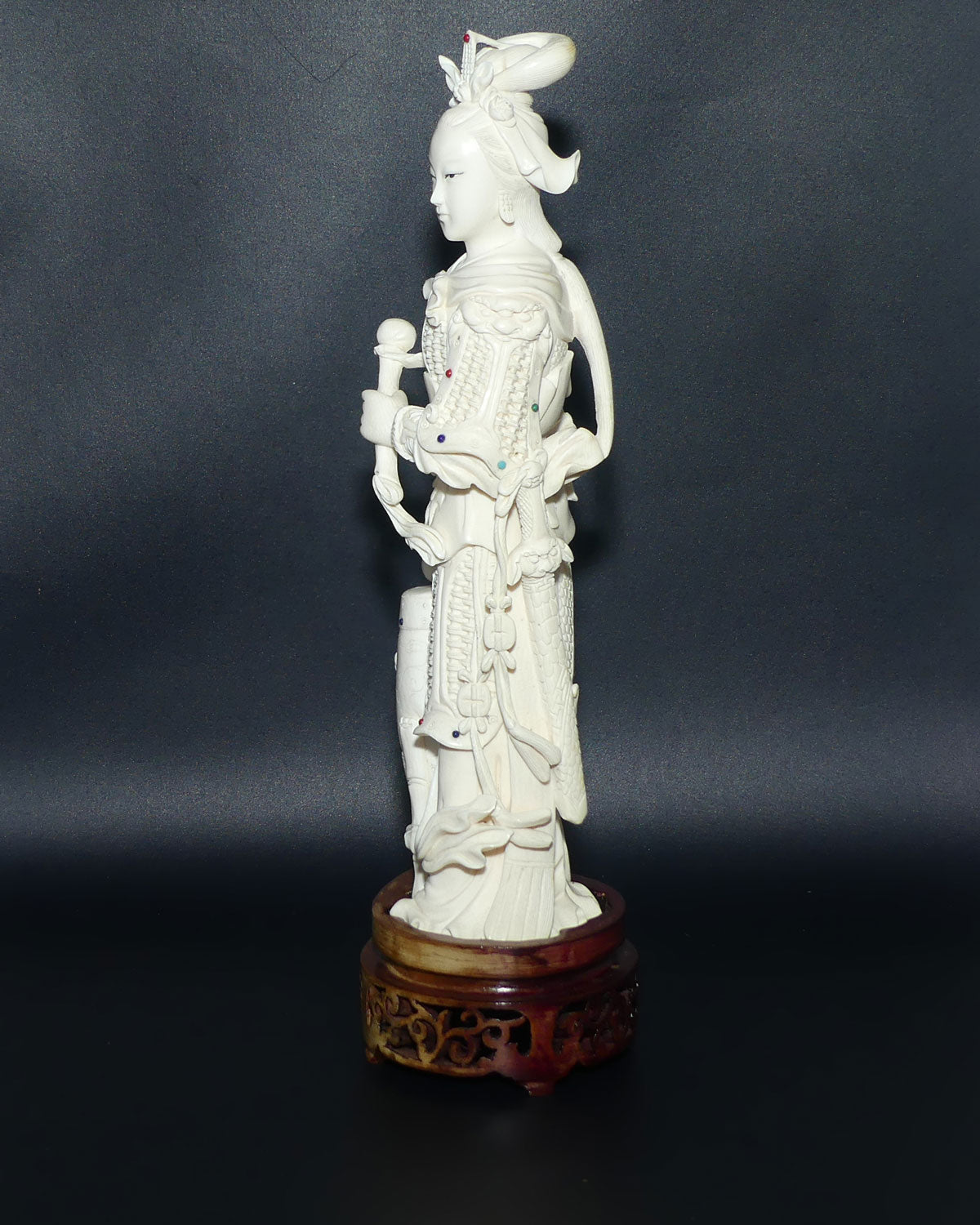 Magnificent Chinese Carved Ivory figure of Woman in Military Attire with Drums | Set with Semi precious Stones