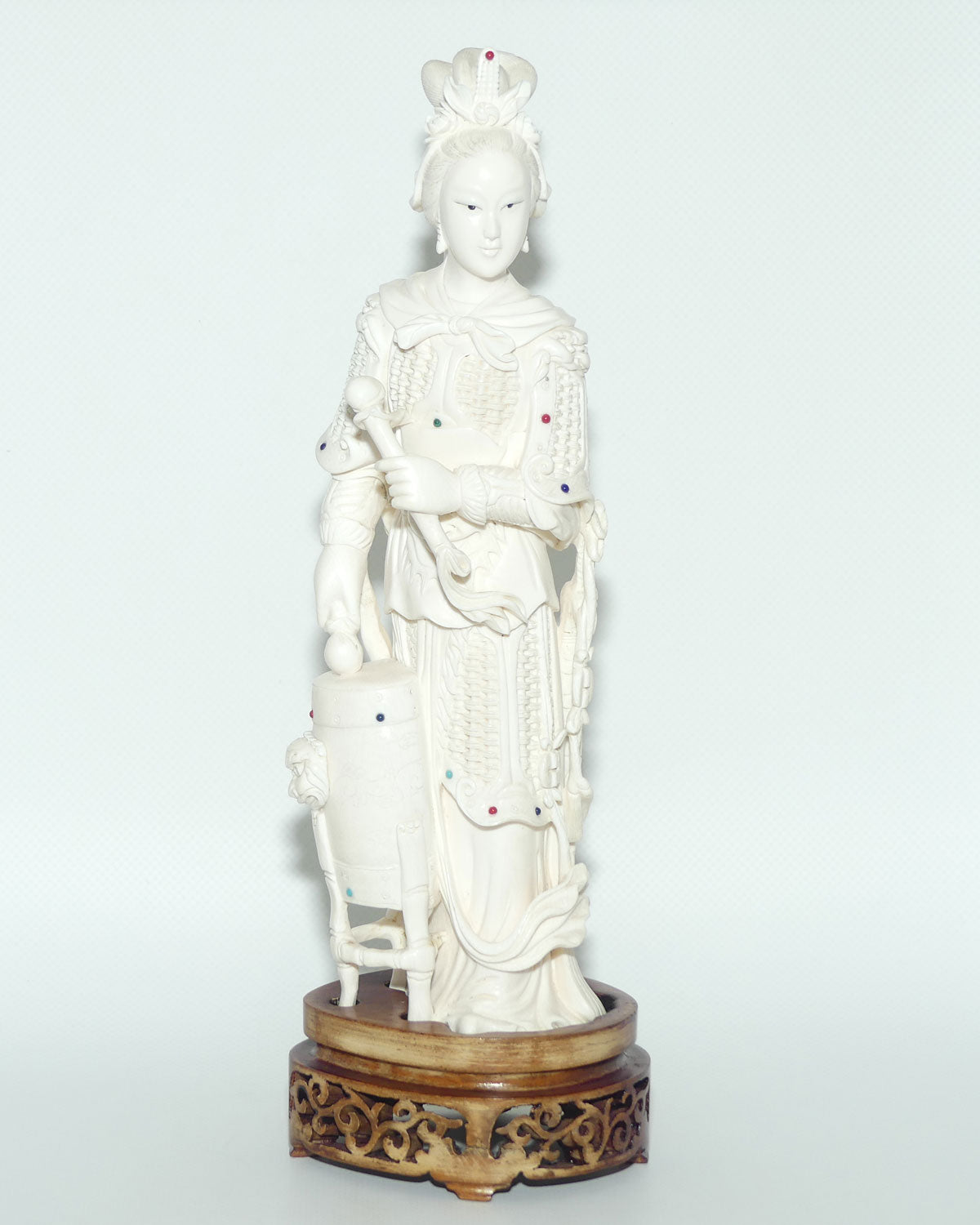 Magnificent Chinese Carved Ivory figure of Woman in Military Attire with Drums | Set with Semi precious Stones