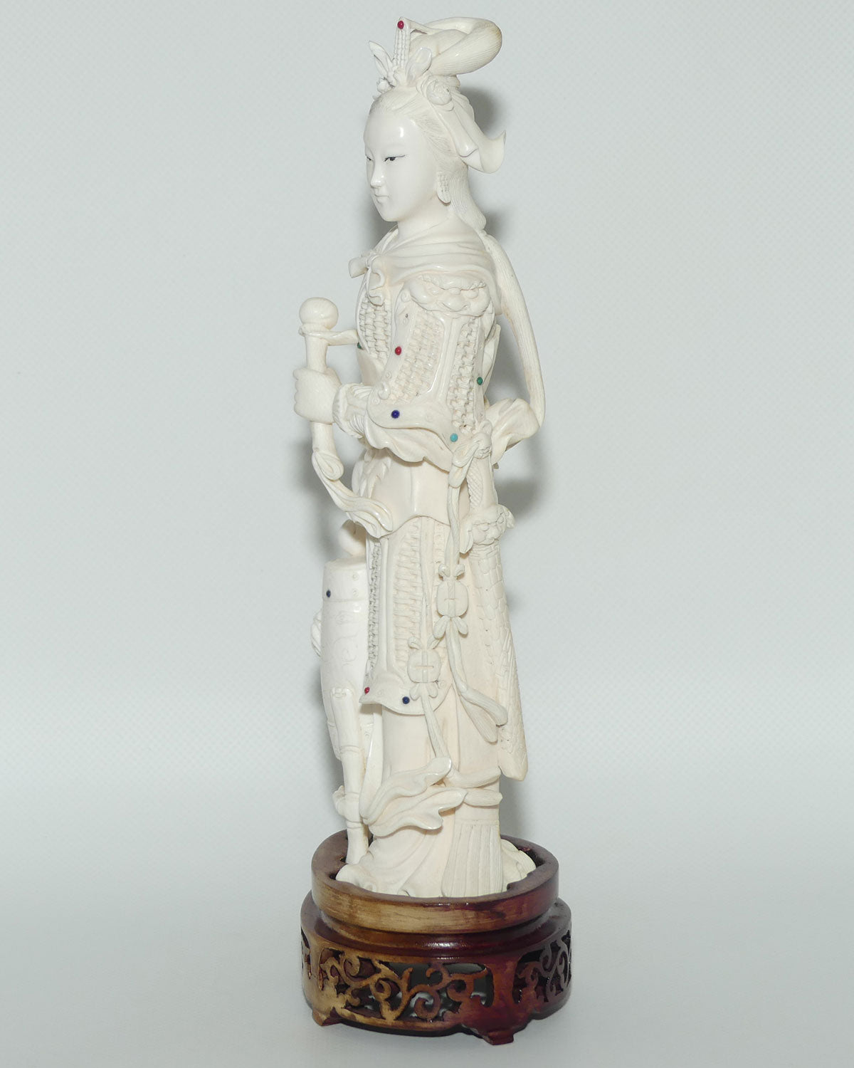 Magnificent Chinese Carved Ivory figure of Woman in Military Attire with Drums | Set with Semi precious Stones