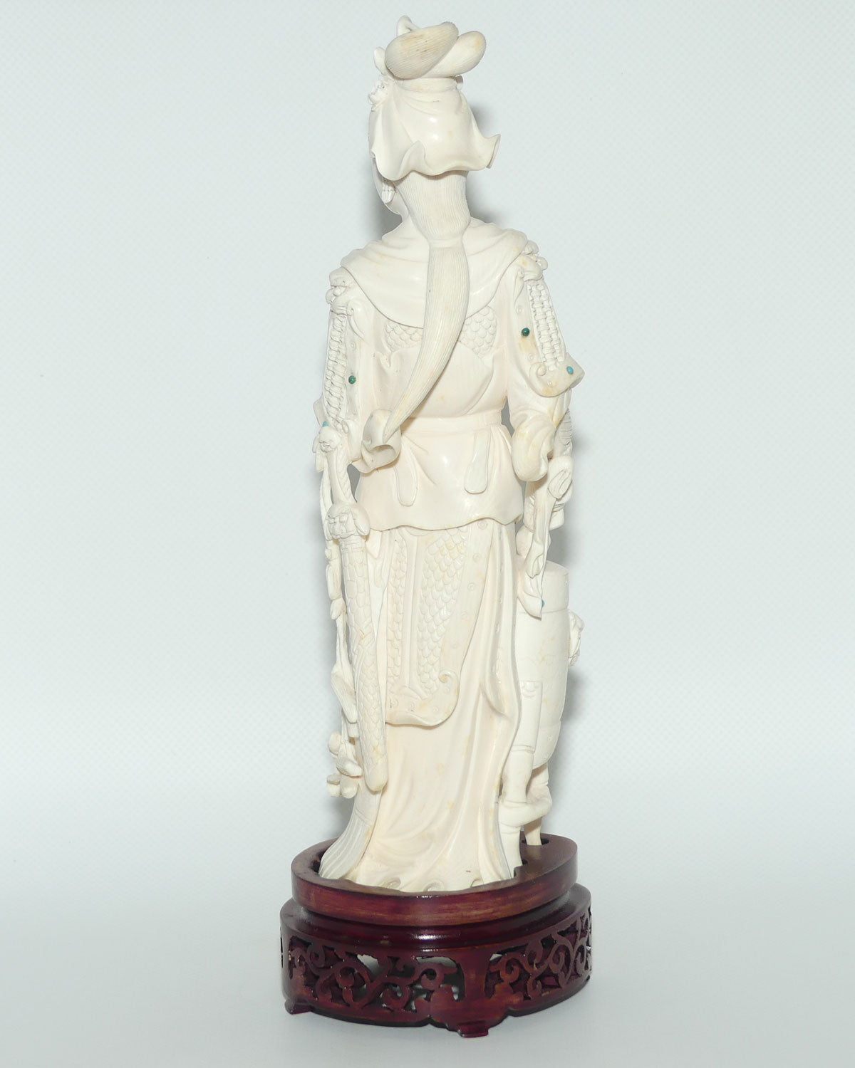 Magnificent Chinese Carved Ivory figure of Woman in Military Attire with Drums | Set with Semi precious Stones