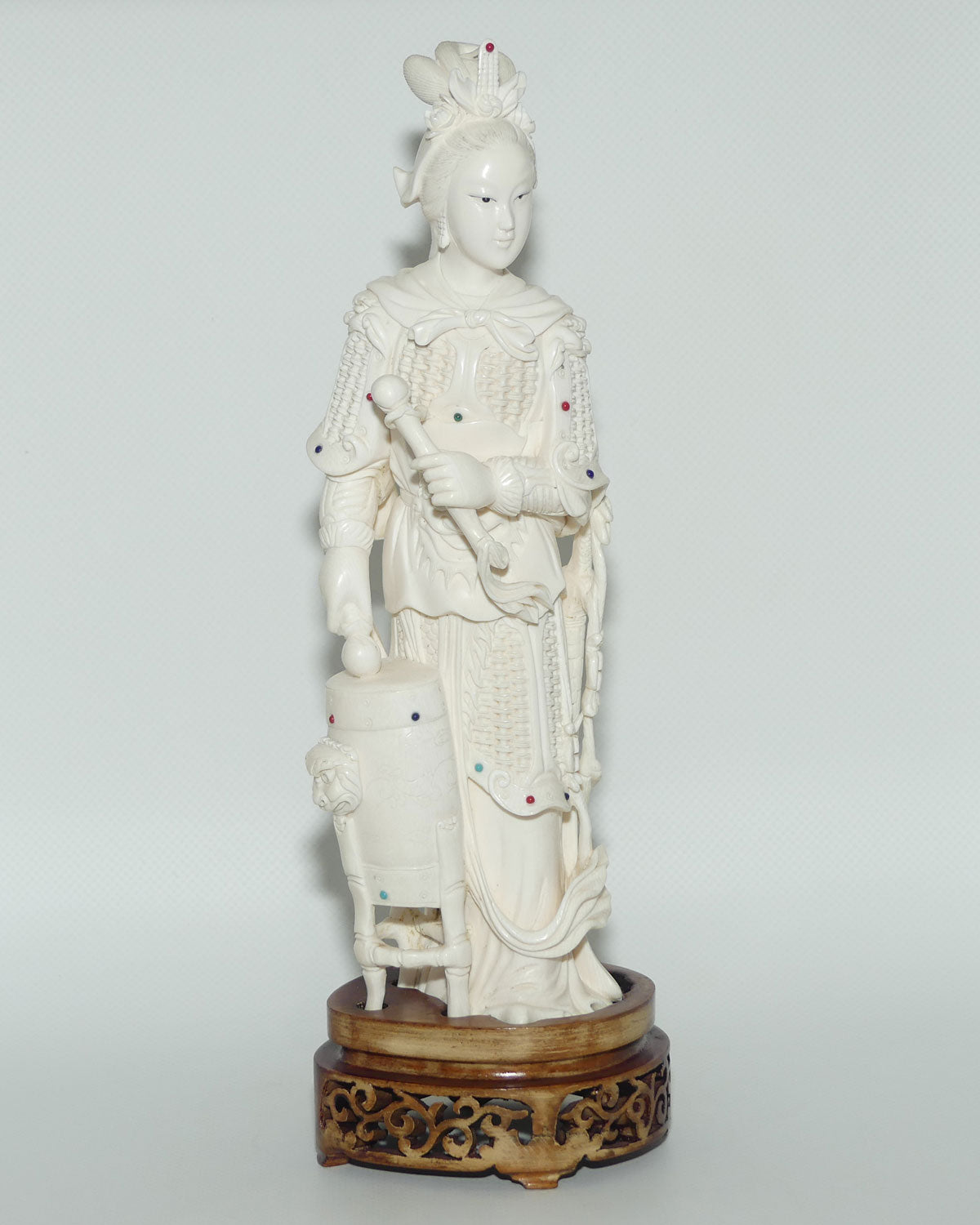 Magnificent Chinese Carved Ivory figure of Woman in Military Attire with Drums | Set with Semi precious Stones