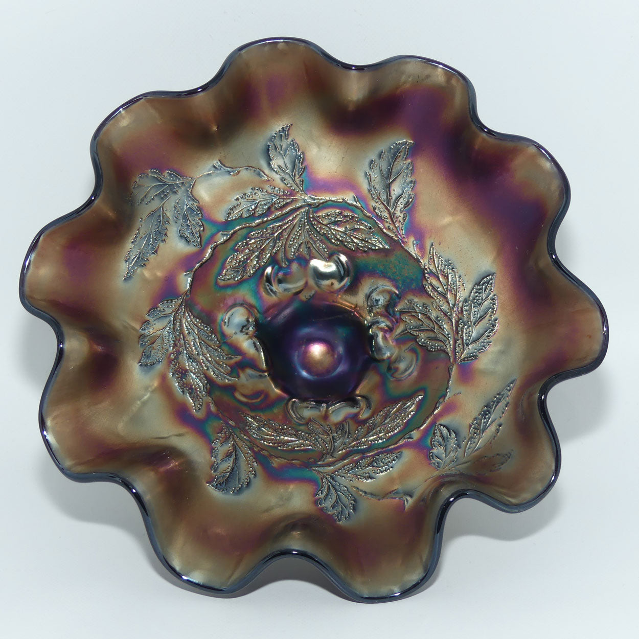 Dugan Amethyst Carnival Glass tri footed bowl | Cherries