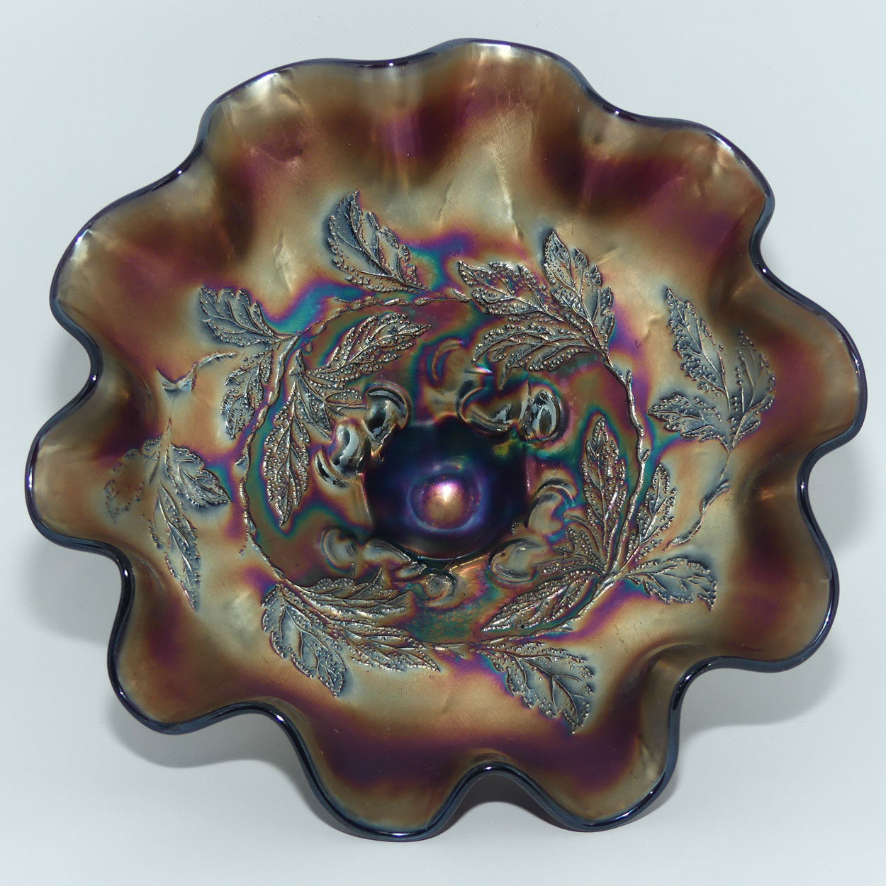 Dugan Amethyst Carnival Glass tri footed bowl | Cherries