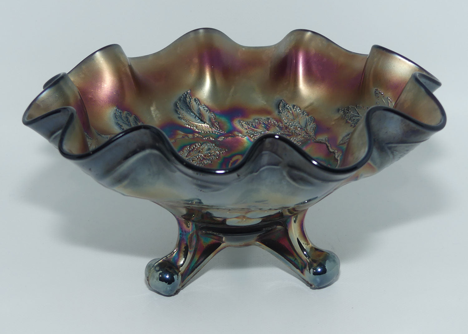 Dugan Amethyst Carnival Glass tri footed bowl | Cherries