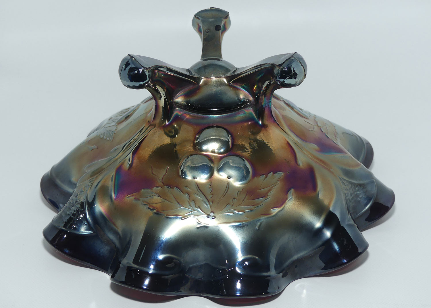 Dugan Amethyst Carnival Glass tri footed bowl | Cherries