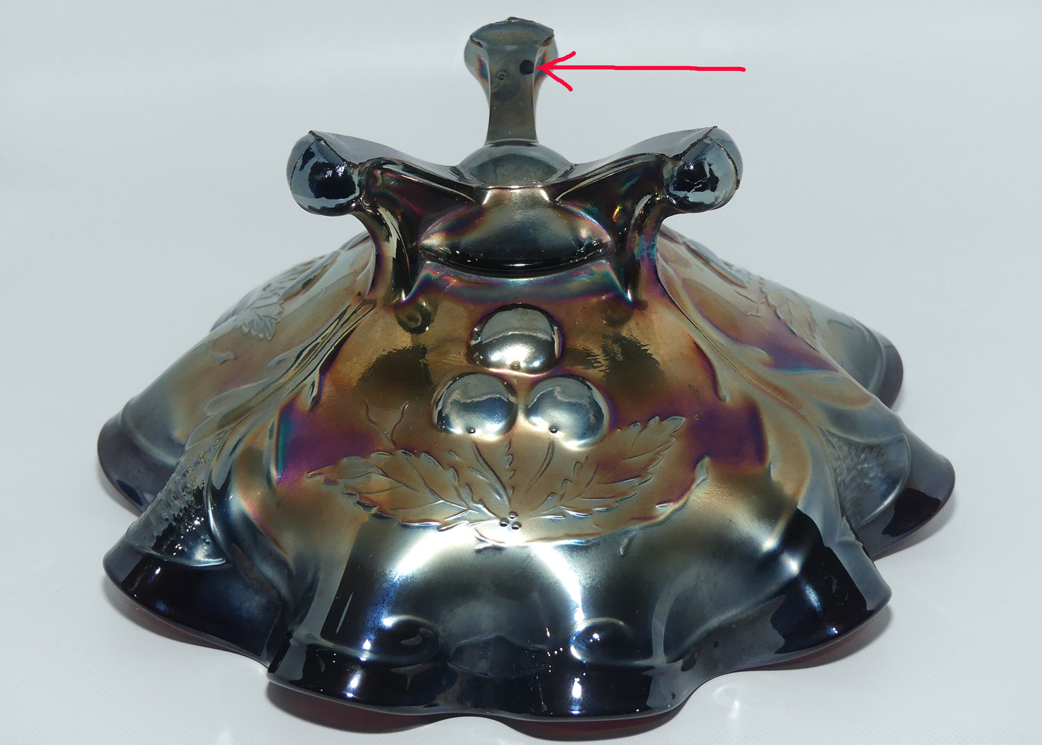 Dugan Amethyst Carnival Glass tri footed bowl | Cherries