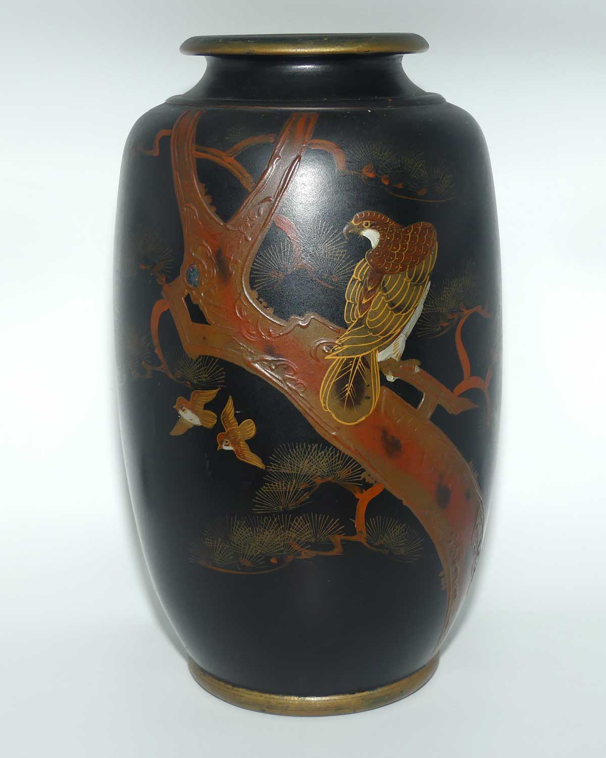 Japanese Hand Enamelled on Clay vase depicting Eagle | set with Abalone