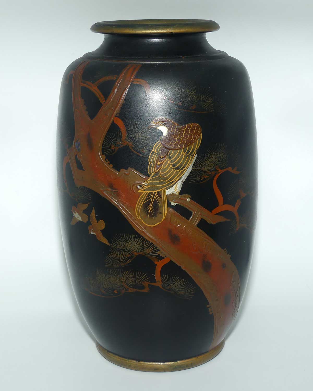 Japanese Hand Enamelled on Clay vase depicting Eagle | set with Abalone