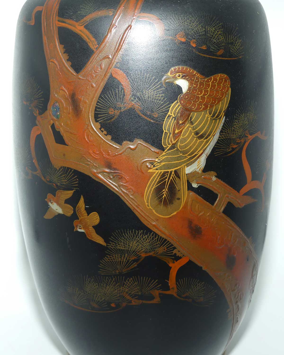 Japanese Hand Enamelled on Clay vase depicting Eagle | set with Abalone