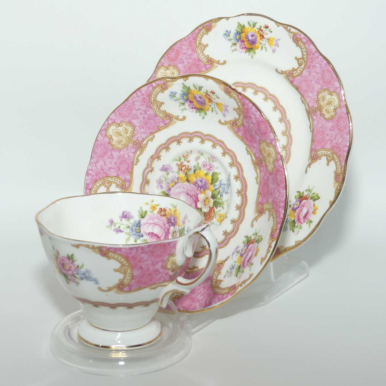 Royal Albert Bone China Lady Carlyle trio | Pink | Malvern | early Regd basestamp