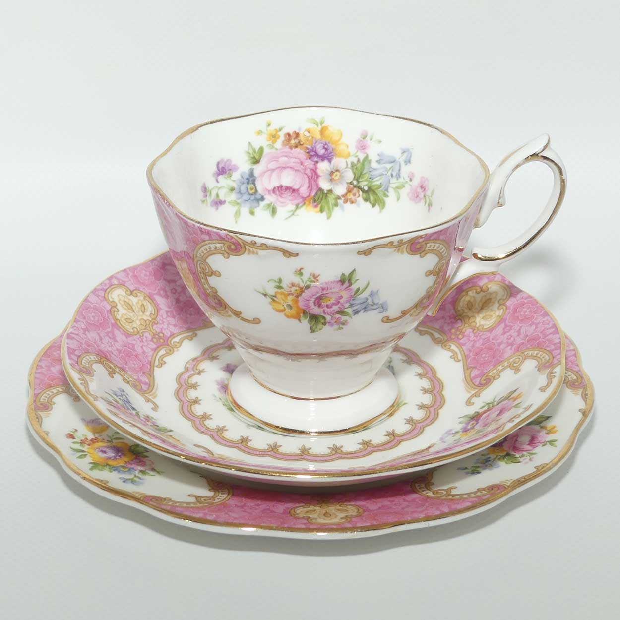 Royal Albert Bone China Lady Carlyle trio | Pink | Malvern | early Regd basestamp