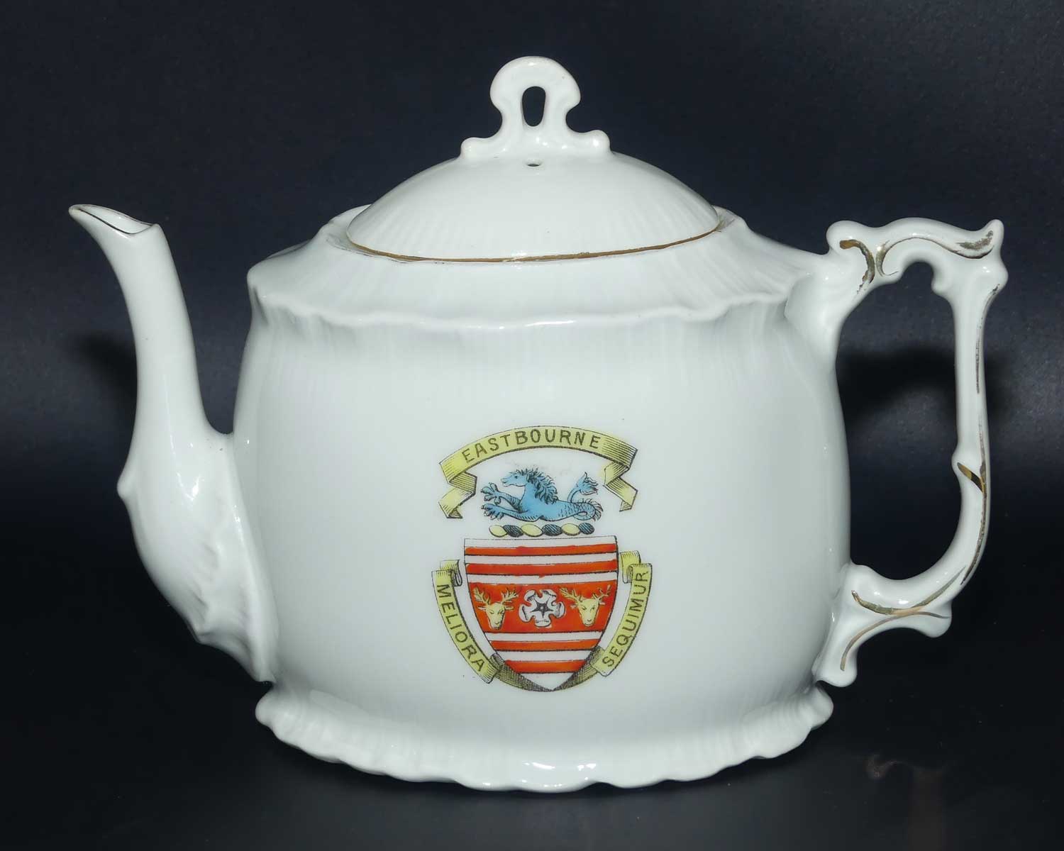Souvenir tea pot | Depicts Crest of Eastbourne Meliora Sequimir c.1905