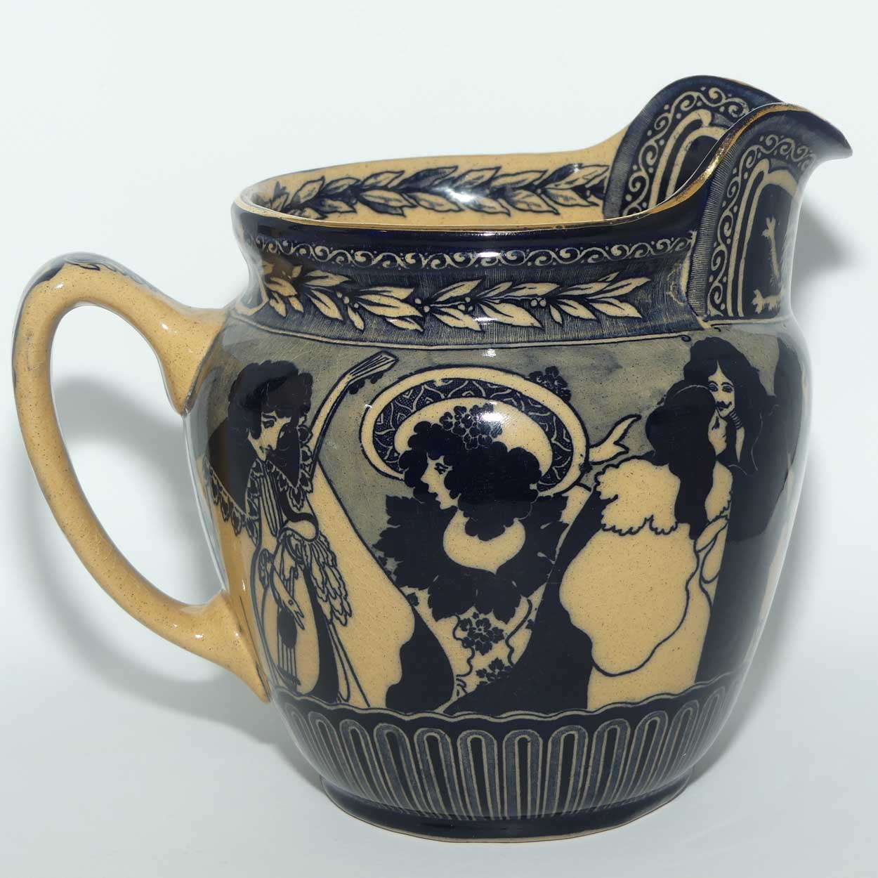 Royal Doulton Flow Blue on Whieldon jug | Depicts Will H. Bradley's Eastern Figures