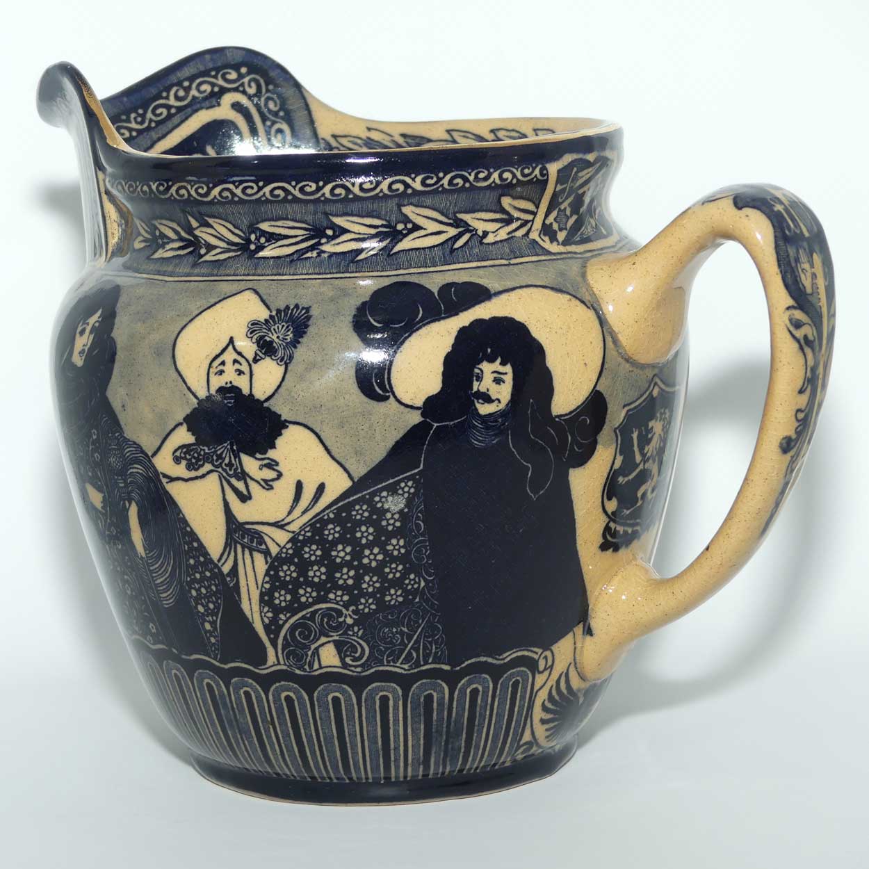 Royal Doulton Flow Blue on Whieldon jug | Depicts Will H. Bradley's Eastern Figures