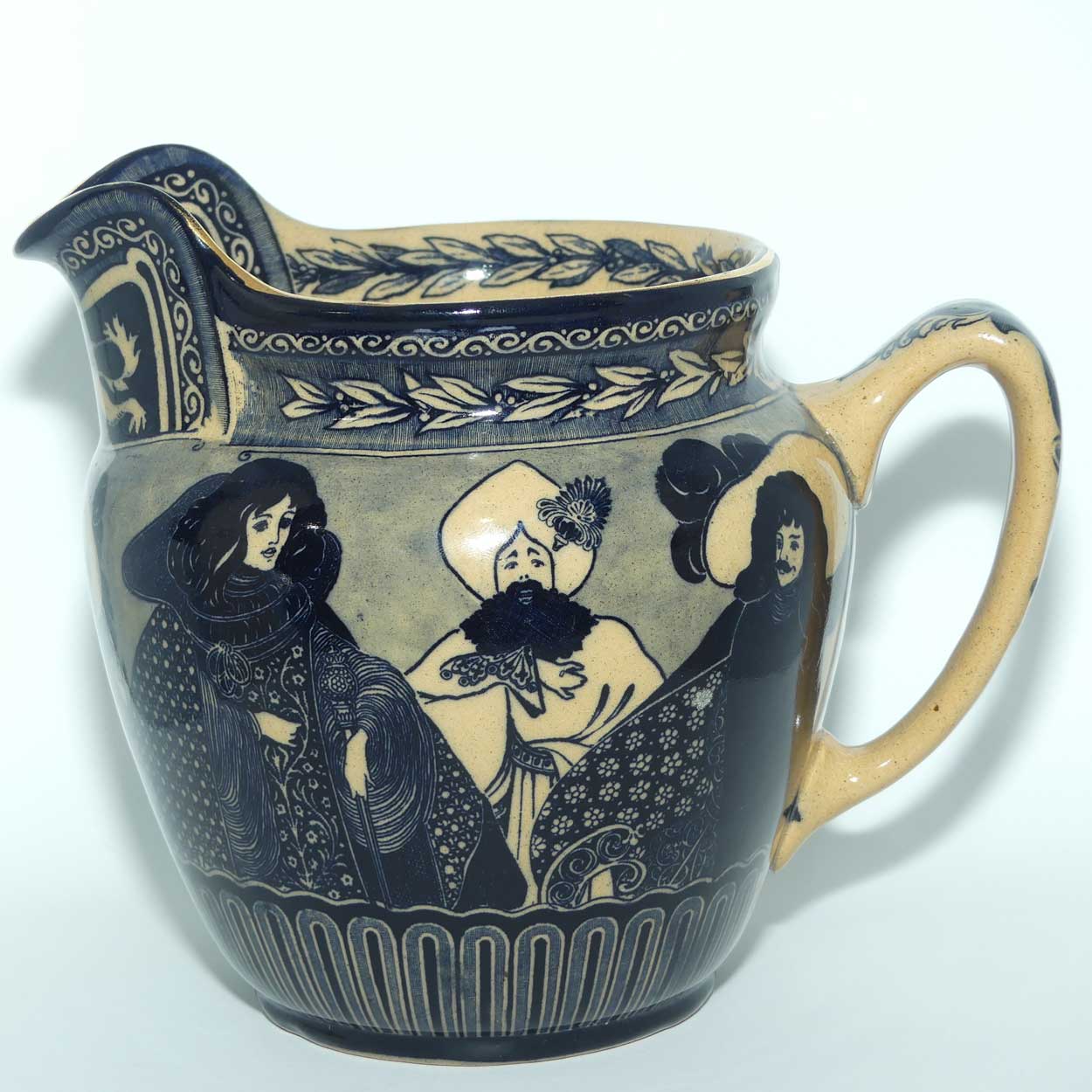 Royal Doulton Flow Blue on Whieldon jug | Depicts Will H. Bradley's Eastern Figures