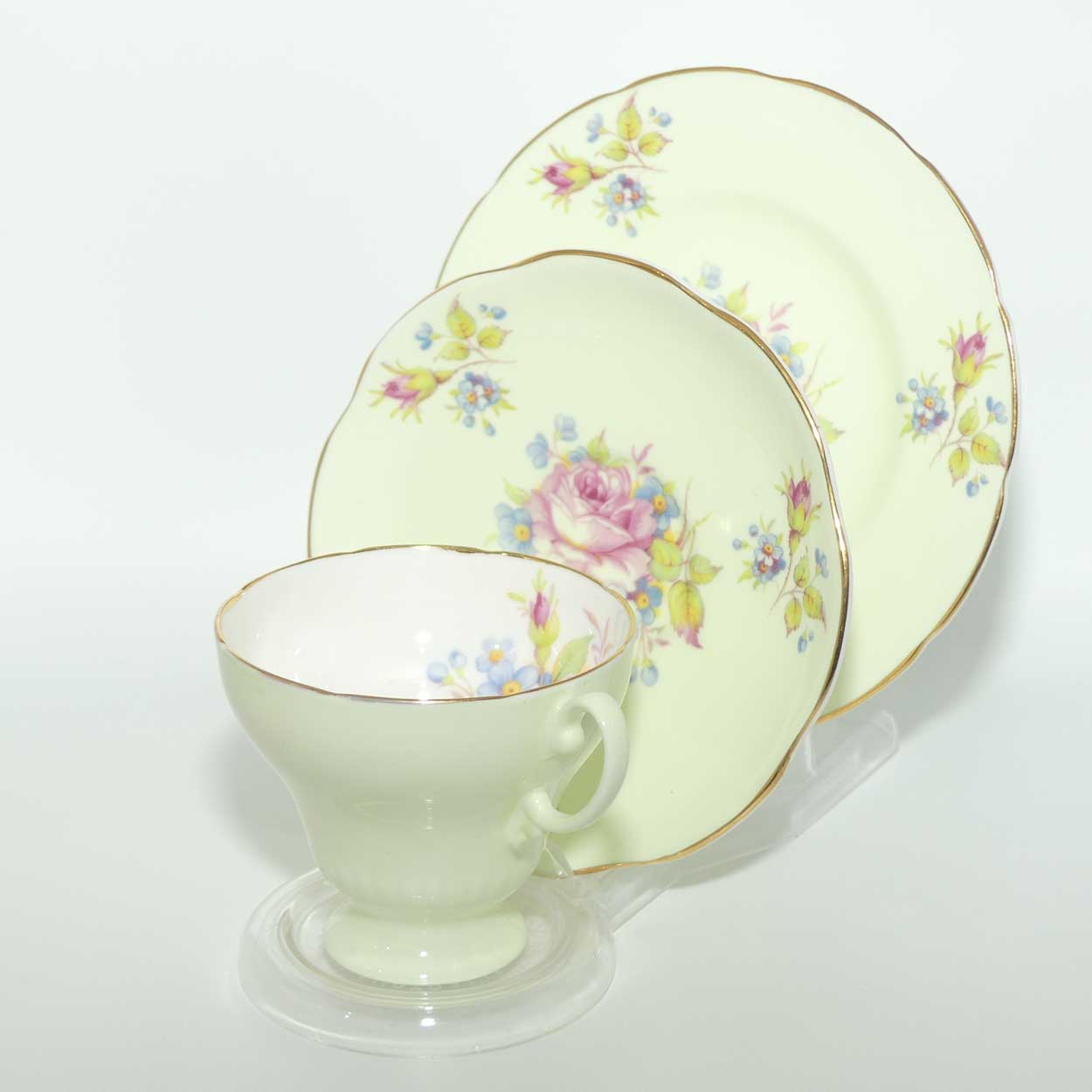 EB Foley Bone China Floral Spray trio | Light Green wash | Footed cup