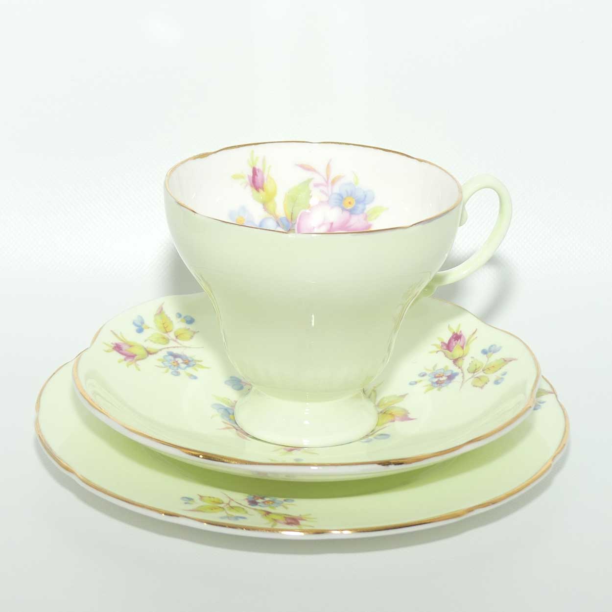 EB Foley Bone China Floral Spray trio | Light Green wash | Footed cup